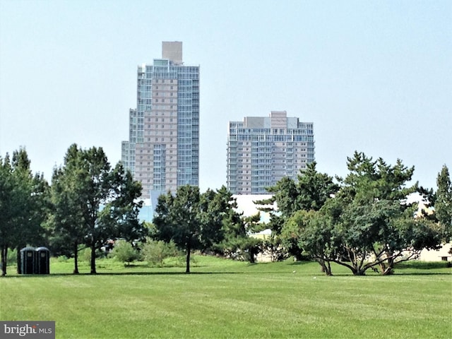 view of community featuring a view of city and a yard