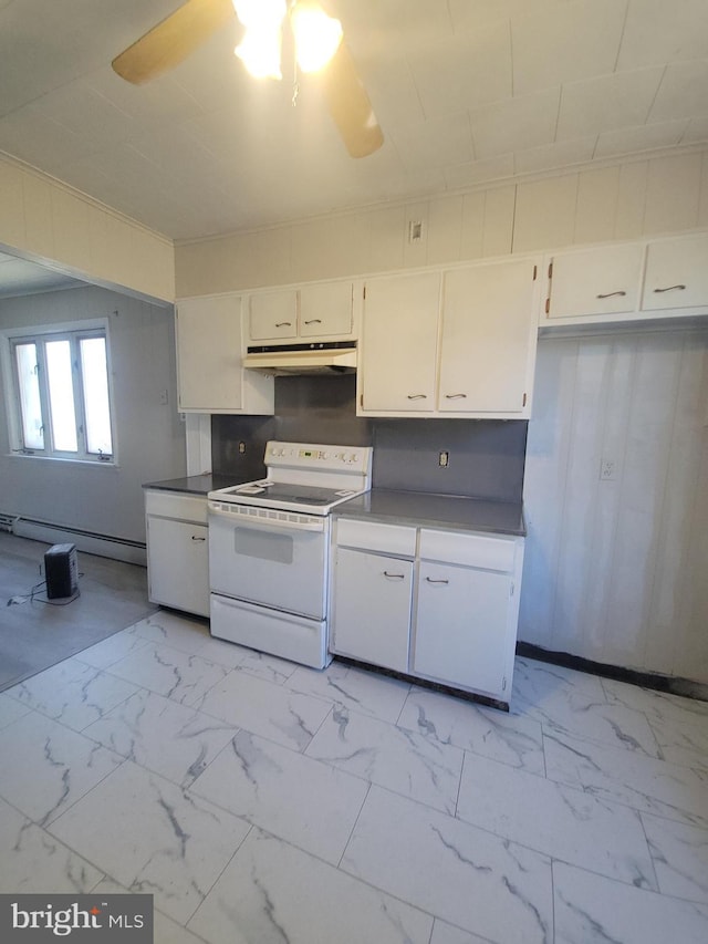 kitchen featuring a baseboard radiator, a ceiling fan, electric stove, under cabinet range hood, and marble finish floor