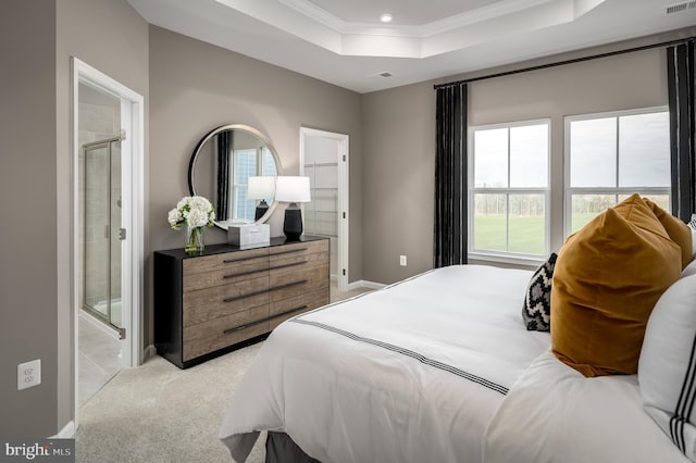 bedroom with light carpet, visible vents, baseboards, a raised ceiling, and crown molding