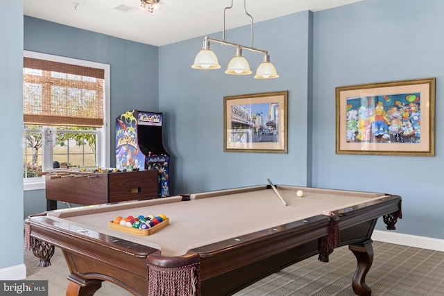 playroom with carpet floors, pool table, and baseboards