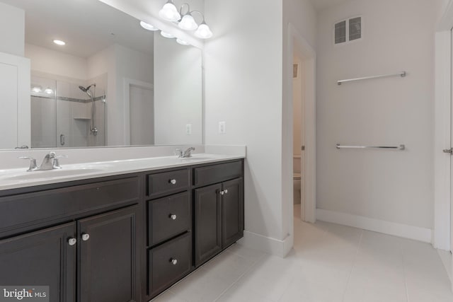 bathroom featuring a sink, visible vents, a stall shower, and double vanity