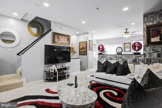 living area with stairway, carpet flooring, recessed lighting, and baseboards