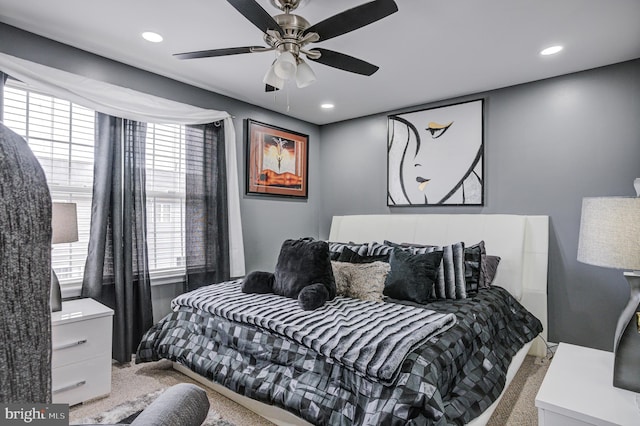 bedroom featuring recessed lighting, carpet floors, and ceiling fan