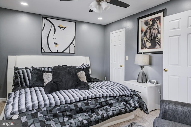 bedroom featuring recessed lighting, a ceiling fan, and carpet floors