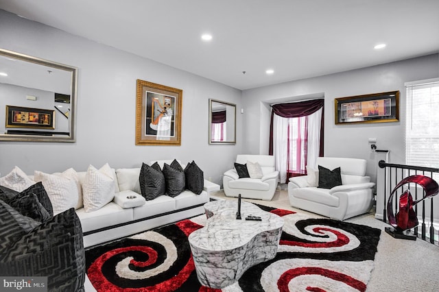 carpeted living room featuring recessed lighting