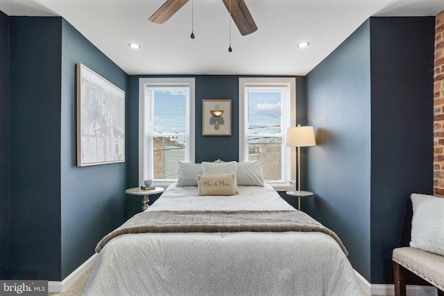 bedroom featuring recessed lighting, baseboards, and ceiling fan