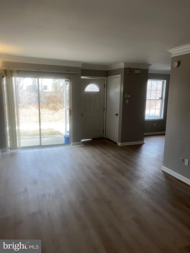 entrance foyer with baseboards, ornamental molding, and wood finished floors