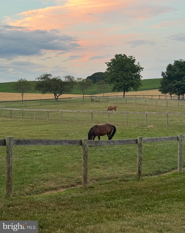 yard at dusk with a rural view and fence