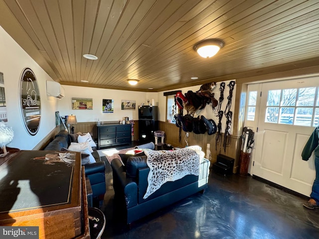 interior space featuring wood ceiling, a wall mounted air conditioner, and concrete floors