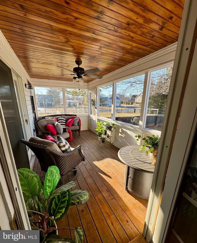 sunroom with wood ceiling and a ceiling fan