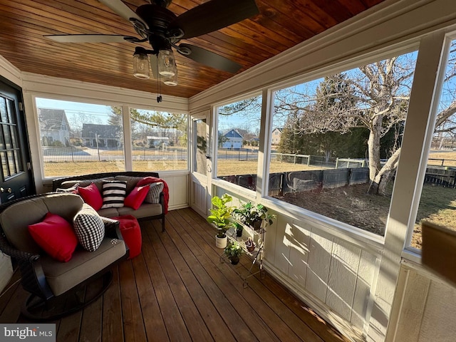 sunroom / solarium featuring wooden ceiling and ceiling fan