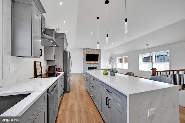 kitchen with light wood-style flooring, stainless steel appliances, gray cabinets, and open floor plan