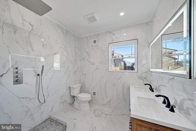 bathroom featuring ornamental molding, a marble finish shower, and toilet