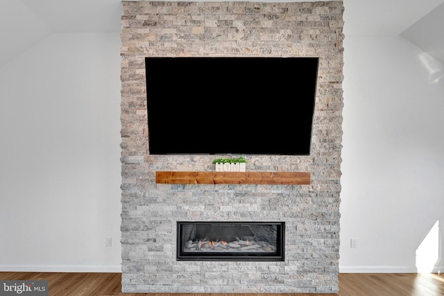 room details featuring a fireplace, baseboards, and wood finished floors