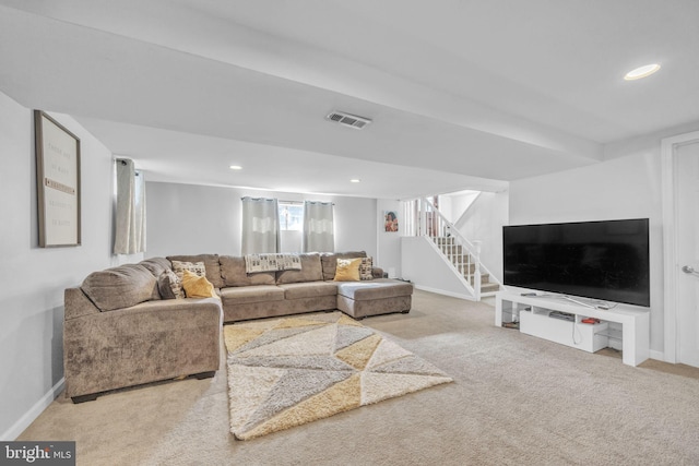 living room featuring carpet floors, recessed lighting, visible vents, stairway, and baseboards