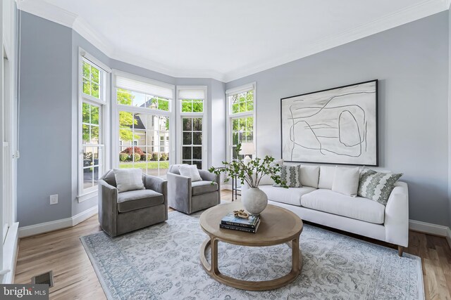 living area with baseboards, ornamental molding, wood finished floors, and visible vents