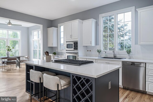 kitchen with a healthy amount of sunlight, ceiling fan, a center island, a sink, and appliances with stainless steel finishes