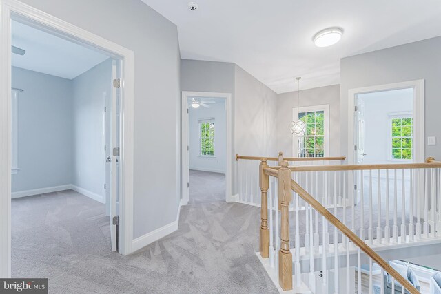 hall with baseboards, a wealth of natural light, carpet flooring, and an upstairs landing