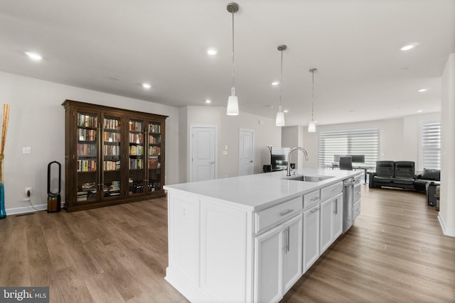 kitchen featuring a kitchen island with sink, light wood-style flooring, open floor plan, and a sink