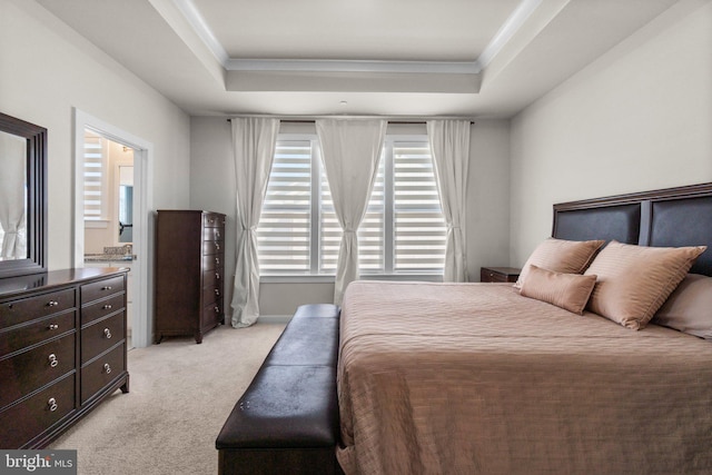 bedroom with a raised ceiling and light colored carpet