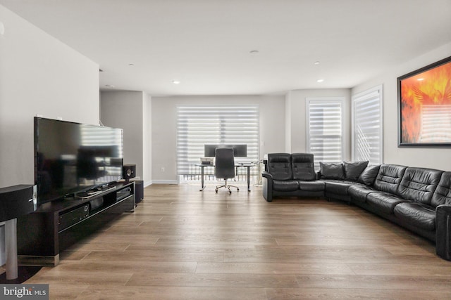 living area with recessed lighting, baseboards, and wood finished floors