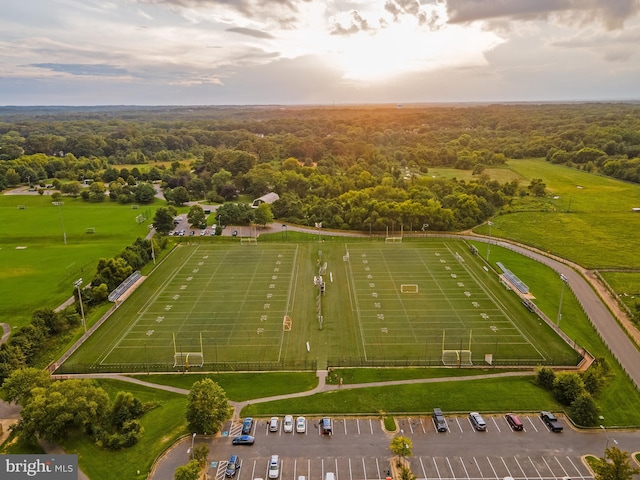 drone / aerial view featuring a view of trees