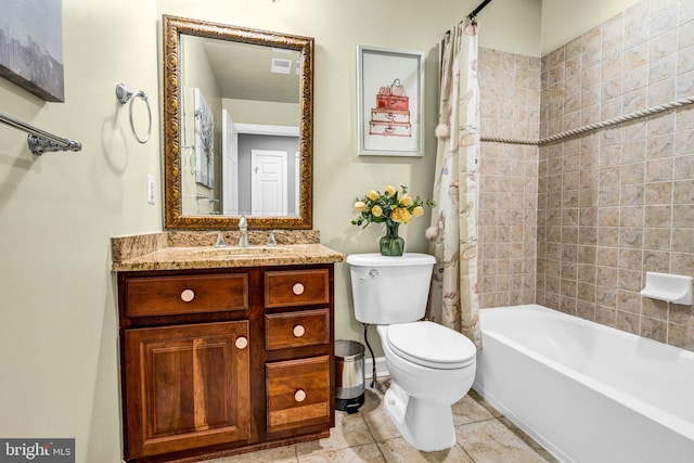 bathroom with visible vents, toilet, shower / tub combo, vanity, and tile patterned floors