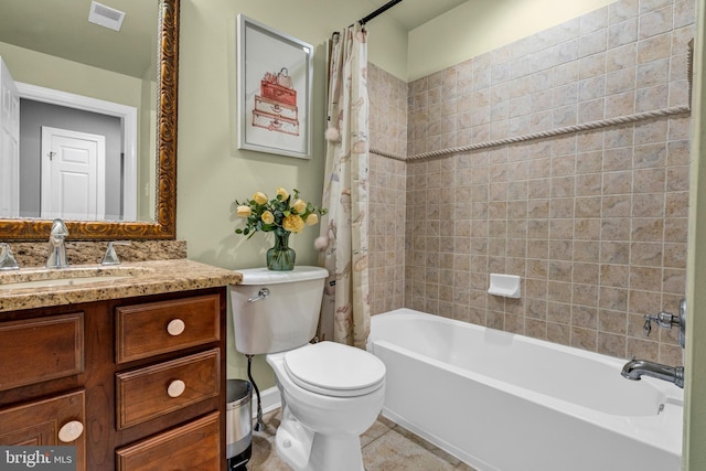 full bath with shower / bath combo, visible vents, toilet, tile patterned floors, and vanity