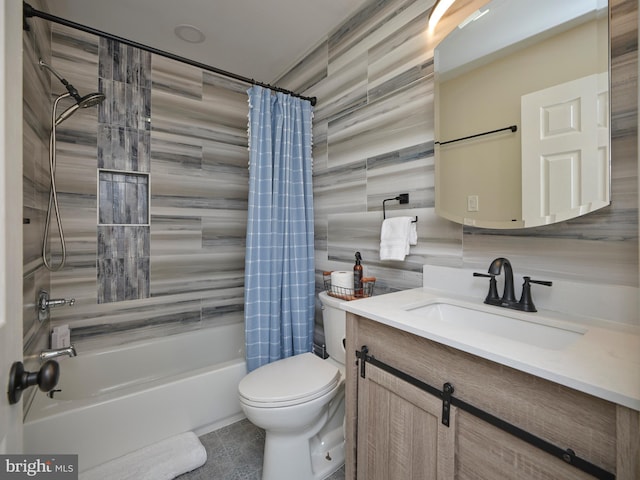 bathroom with tasteful backsplash, toilet, shower / tub combo with curtain, vanity, and tile walls