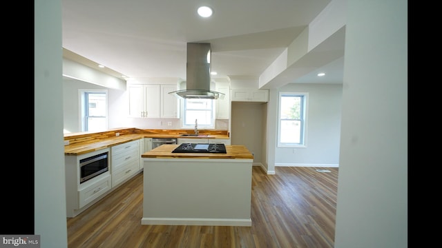 kitchen featuring stainless steel appliances, butcher block countertops, a sink, white cabinetry, and island exhaust hood