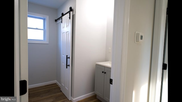 bathroom with vanity, baseboards, and wood finished floors