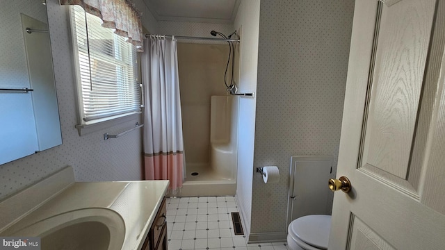 bathroom featuring visible vents, wallpapered walls, toilet, a shower with shower curtain, and tile patterned floors