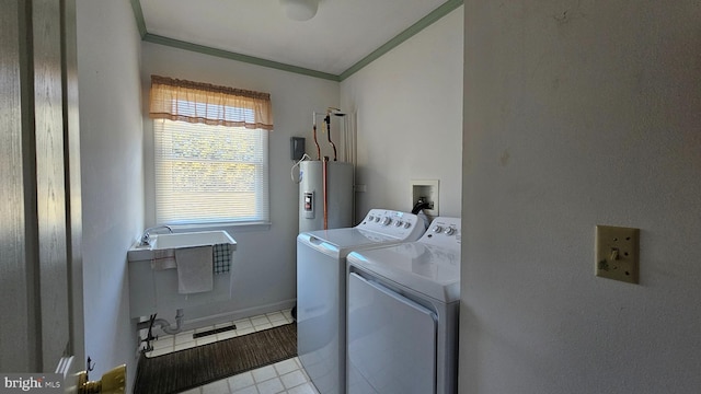 laundry room with water heater, laundry area, ornamental molding, and independent washer and dryer