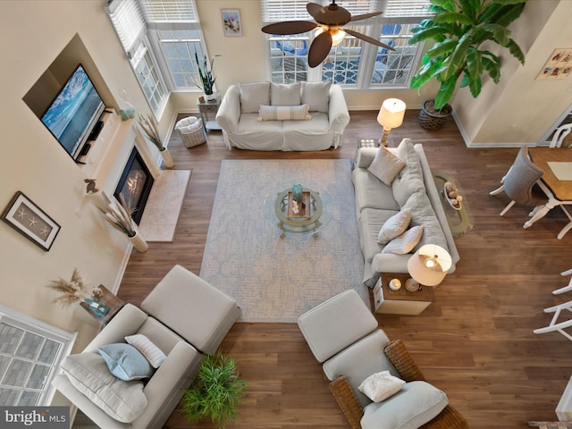 living room featuring baseboards, wood finished floors, and a fireplace