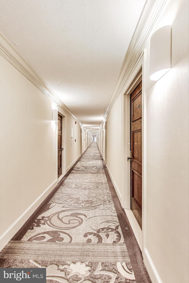 corridor featuring crown molding, baseboards, and a textured ceiling