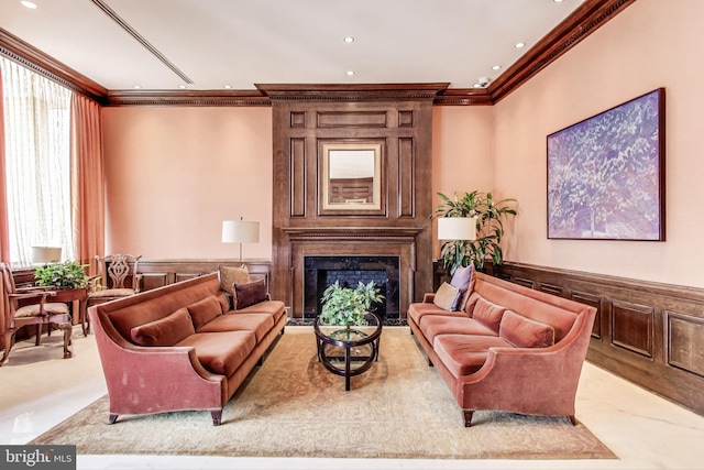 3101 New Mexico Ave NW Unit 847, Washington, DC 20016 - interior space with crown molding, recessed lighting, a fireplace with raised hearth, and a wainscoted wall