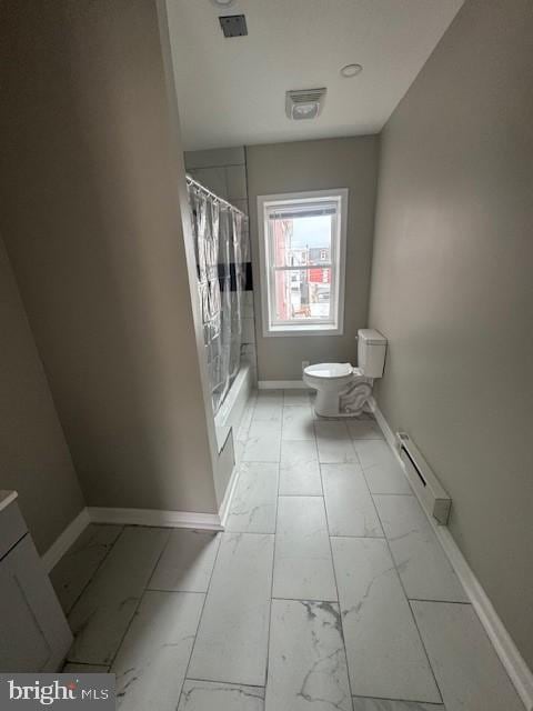 full bathroom with curtained shower, toilet, baseboards, marble finish floor, and baseboard heating