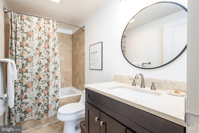 bathroom with tile patterned floors, vanity, toilet, and shower / tub combo with curtain