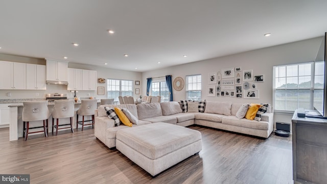 living area with light wood-type flooring and recessed lighting