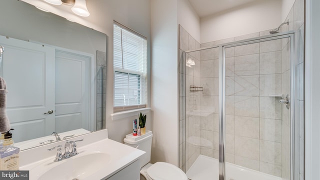 full bath featuring vanity, a shower stall, and toilet