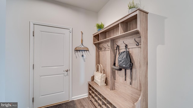 mudroom featuring baseboards and wood finished floors