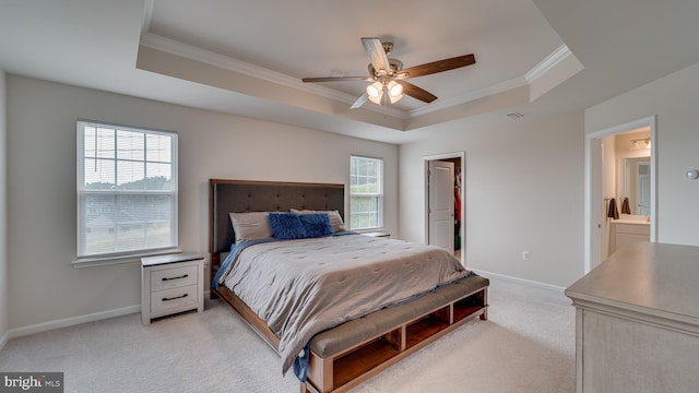 bedroom featuring light colored carpet, a tray ceiling, and multiple windows