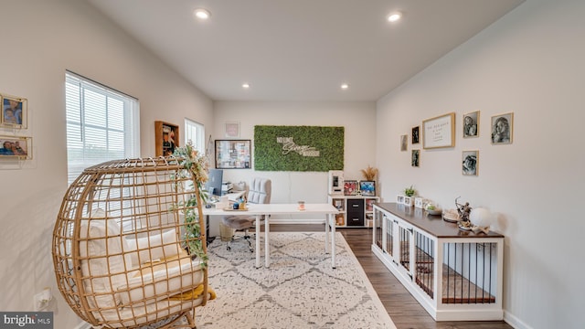 office featuring wood finished floors and recessed lighting