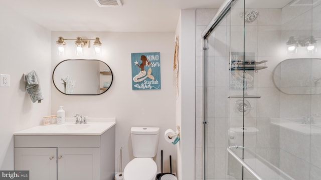 bathroom with a stall shower, visible vents, vanity, and toilet