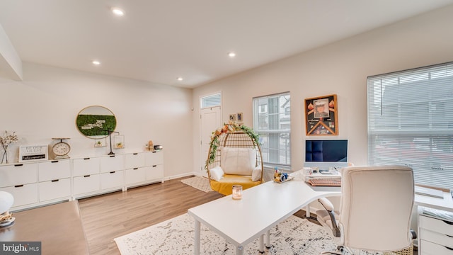 office area featuring recessed lighting, baseboards, and wood finished floors