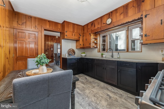 23 Swan St, Lambertville, NJ 08530 - kitchen with wooden walls, backsplash, dark cabinets, light countertops, and a sink