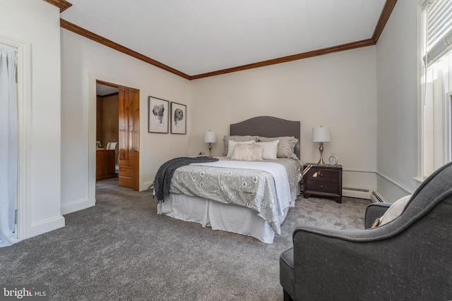 23 Swan St, Lambertville, NJ 08530 - bedroom with carpet floors, a baseboard radiator, ornamental molding, and baseboards
