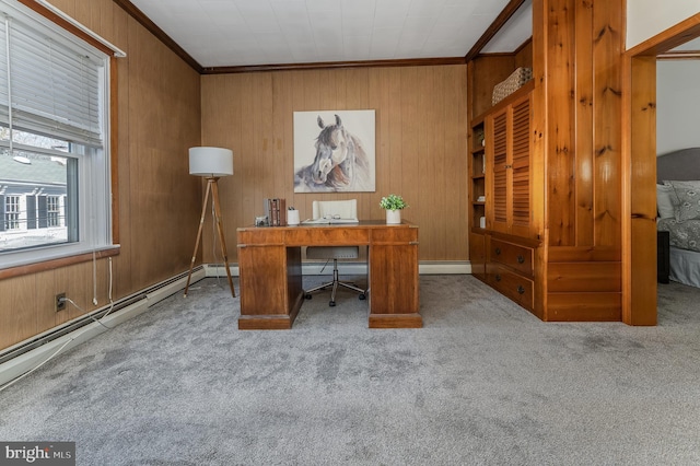 23 Swan St, Lambertville, NJ 08530 - unfurnished office with ornamental molding, a baseboard heating unit, carpet floors, and wooden walls