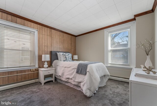 23 Swan St, Lambertville, NJ 08530 - carpeted bedroom with wood walls, a baseboard heating unit, and ornamental molding