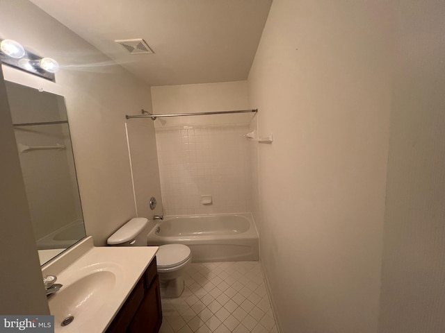 full bath with visible vents, toilet, vanity,  shower combination, and tile patterned floors